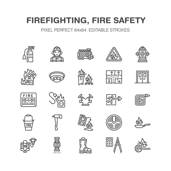 firefighting-course-firefighting-fire-safety-equipment-flat-line-icons-firefighter-car-extinguisher-smoke-detector-house-danger-signs-107732270